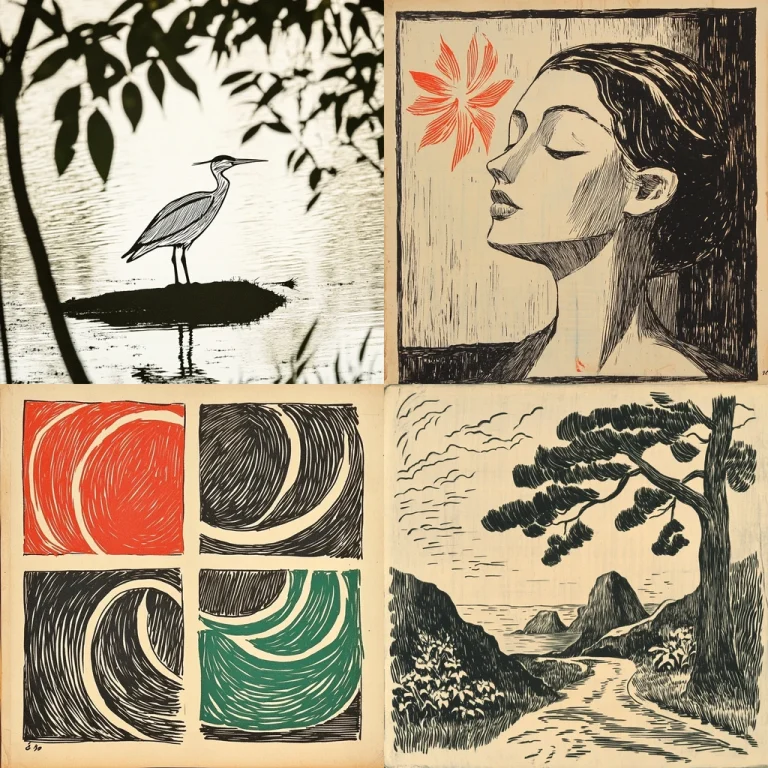  Linear Woodblock Expression Printmaking Ukiyo-e Midjourney style sref code