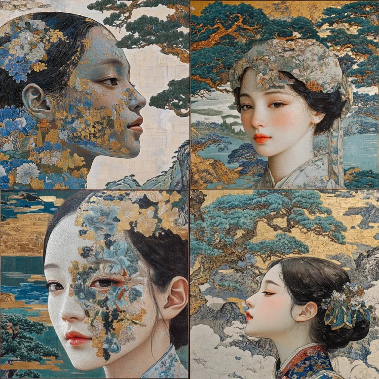 Oriental Gilded Impressionism Oil Painting Ukiyo-e Midjourney style sref code