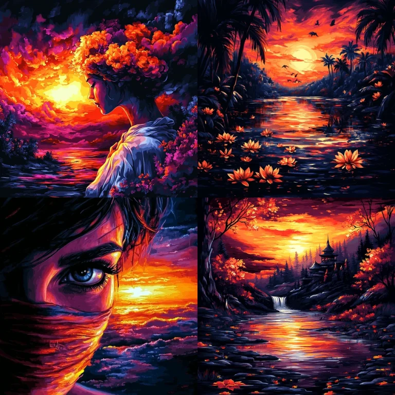 Luminous Sunset Symphony Surrealism High Contrast Midjourney style sref code