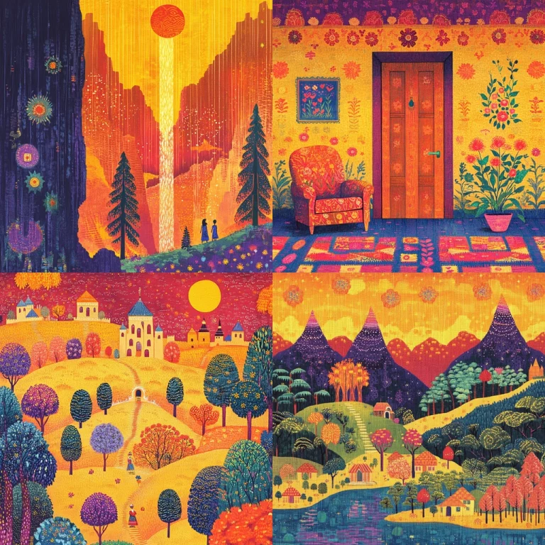 Vibrant Warm Folk Scenery - Midjourney style sref code 