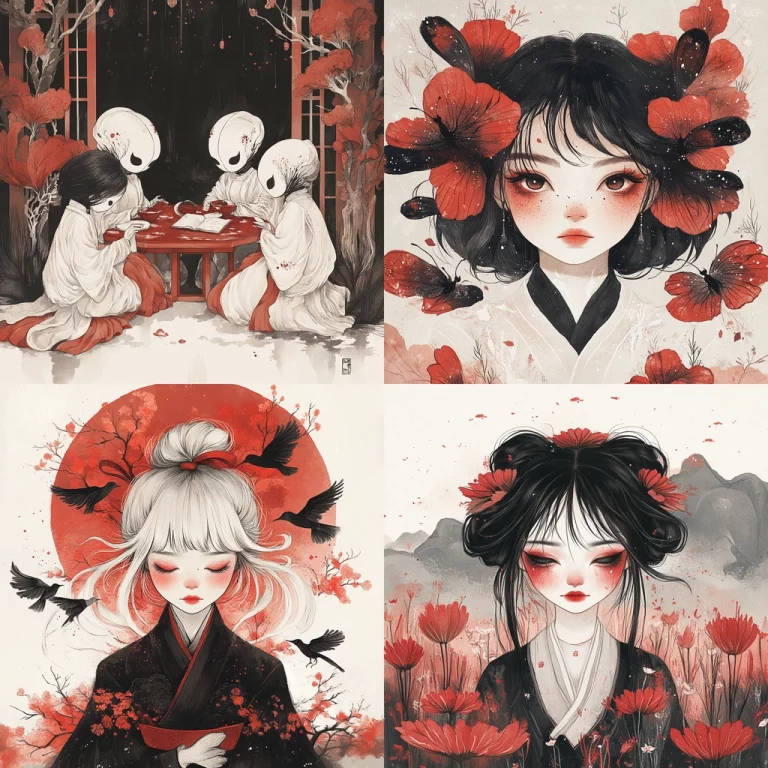 Bold Red-Black Contrast with Delicate Linework - Midjourney style sref code