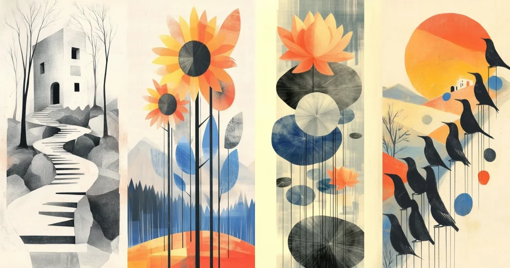 Illustrative Contrasts with Warm Accents - Midjourney style sref code