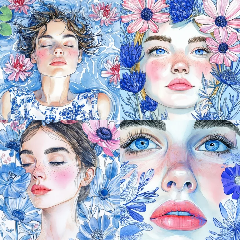 Floral Blue Watercolor Collage - Midjourney style sref code 