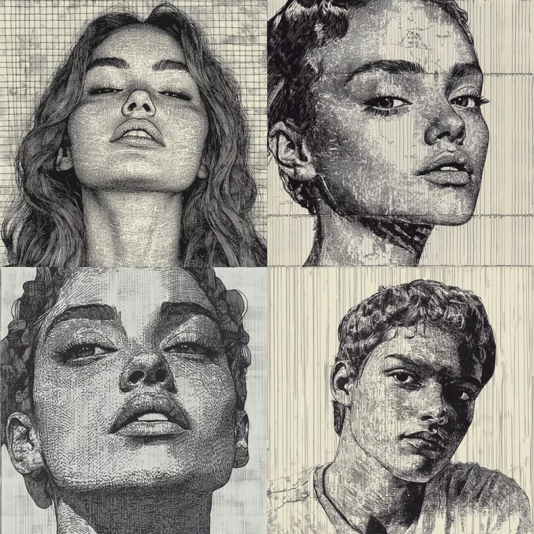 Textured Linework Monochrome Portraits - Midjourney style sref code Textured Linework Monochrome Portraits - Midjourney style sref code