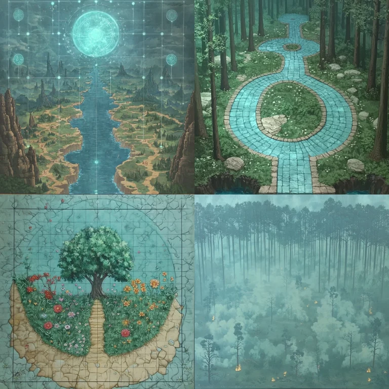 Cyan Gridded Serene Landscapes - Midjourney style sref code