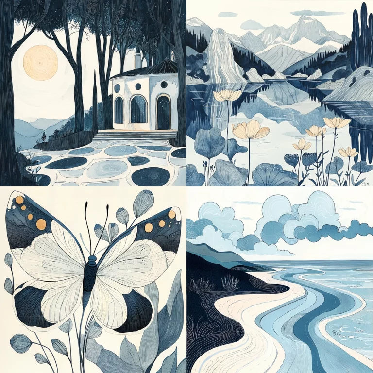 Muted Indigo Ink Illustration - Midjourney style sref code