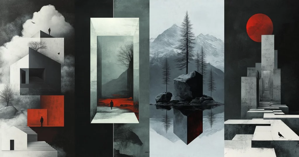 Geometric Monochrome with Red Accents - Midjourney style sref code