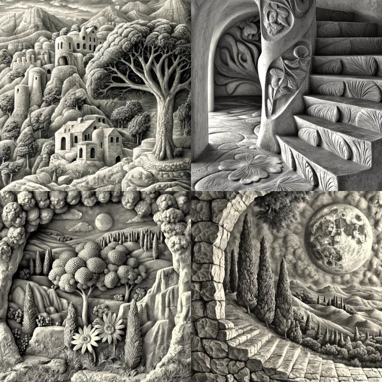 Textured Monochrome Stone Carvings - Midjourney style sref code 