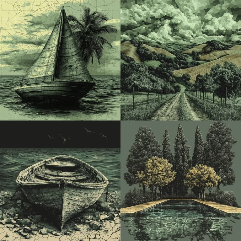 Green Monochrome with Textured Depth - Midjourney style sref code