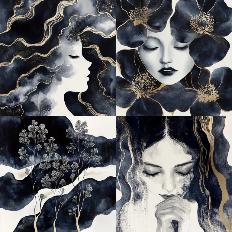 Fluid Gold Accented Dark Blue - Midjourney style sref code