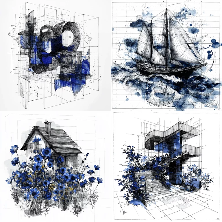 Blue Monochrome Sketch Elements - Midjourney style sref code 