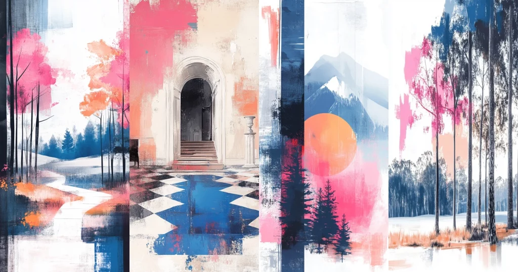 Pink Blue Archway Montage - Midjourney style sref code