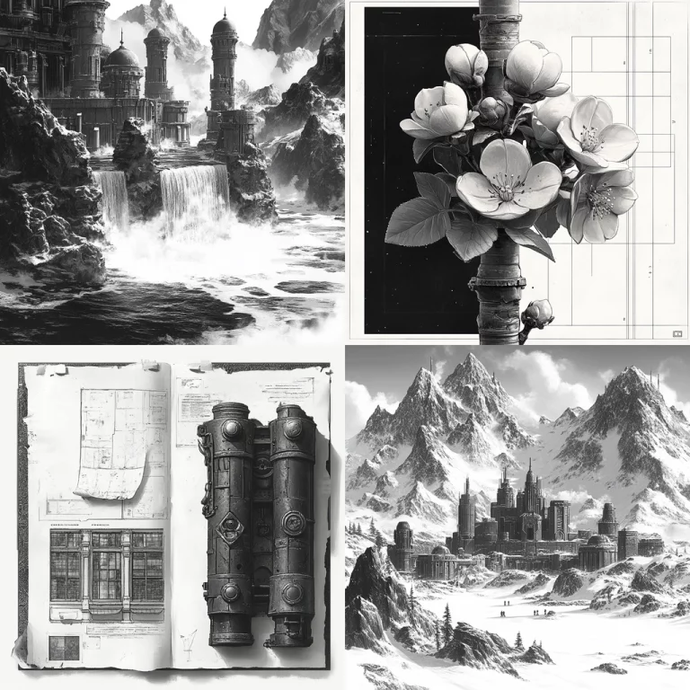 Monochrome Detailed Architecture - Midjourney style sref code