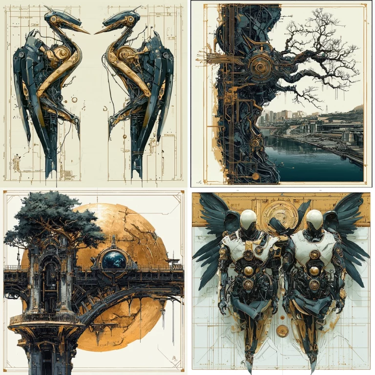 Mechanical Avian Gold Fusion - Midjourney style sref code