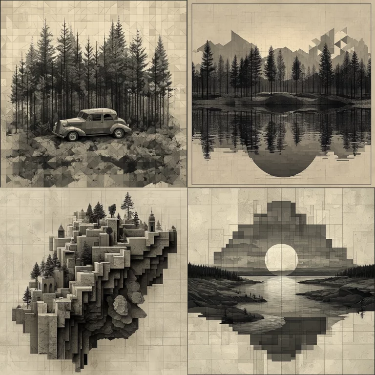 Geometric Sepia Toned Landscapes - Midjourney style sref code
