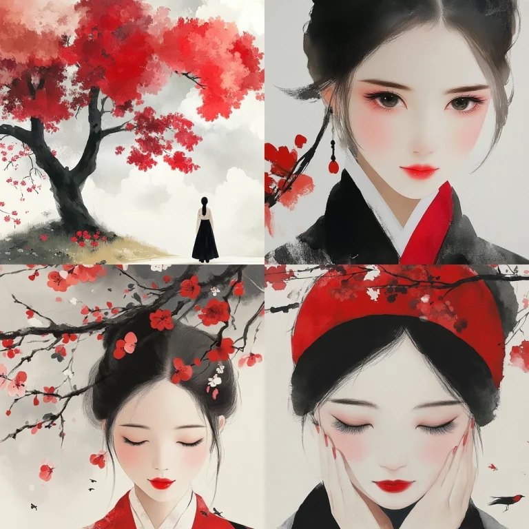 Red Blossom Ink Painting - Midjourney style sref code 