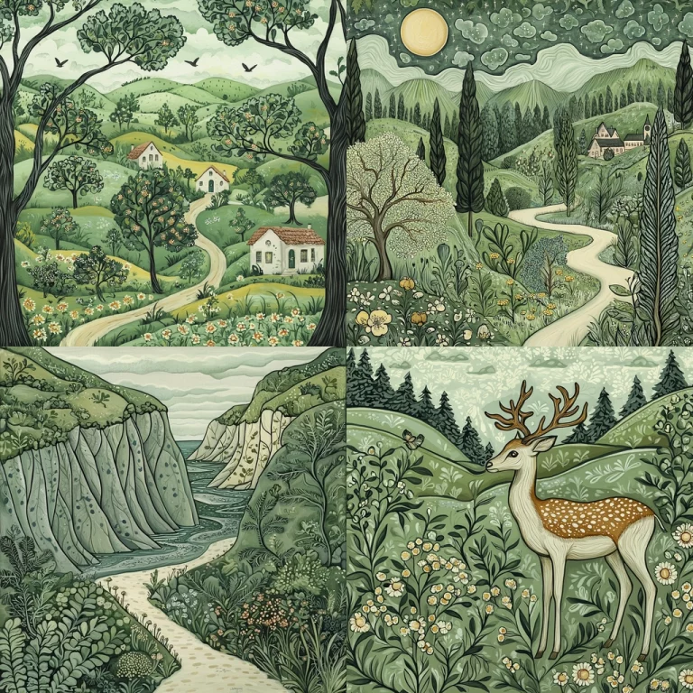 Lush Verdant Illustrative Scenes - Midjourney style sref code