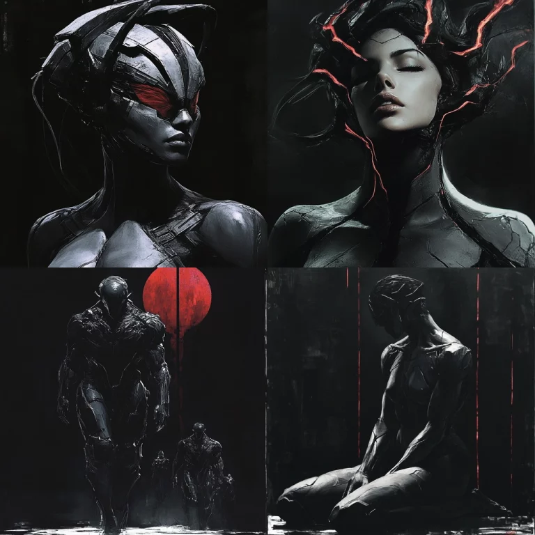 Dark Sculptural Forms with Red Accents - Midjourney style sref code