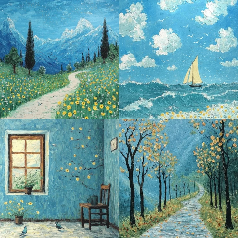 Textured Blue and Yellow Landscapes - Midjourney style sref code 