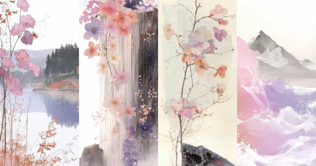 Translucent Floral with Pastel Diffusion Ukiyo-e Minimalism Midjourney style sref code