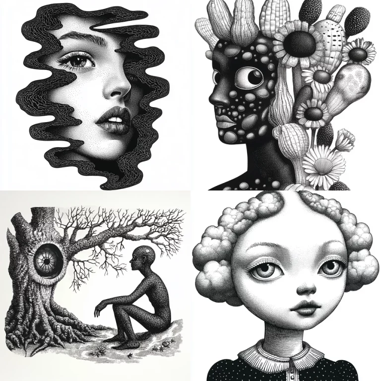 Monochrome Ink Textured Drawings - Midjourney style sref code