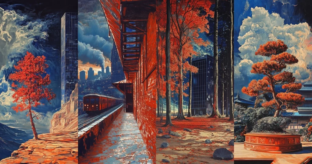 Contrasting Blue Red Landscapes - Midjourney style sref code