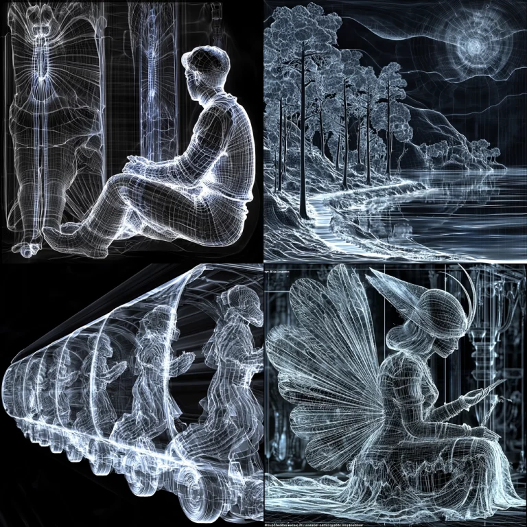 Luminous Wireframe Surrealism - Midjourney style sref code 