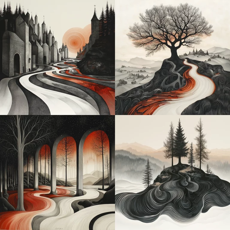 Monochrome Stream with Wine Red - Midjourney style sref code