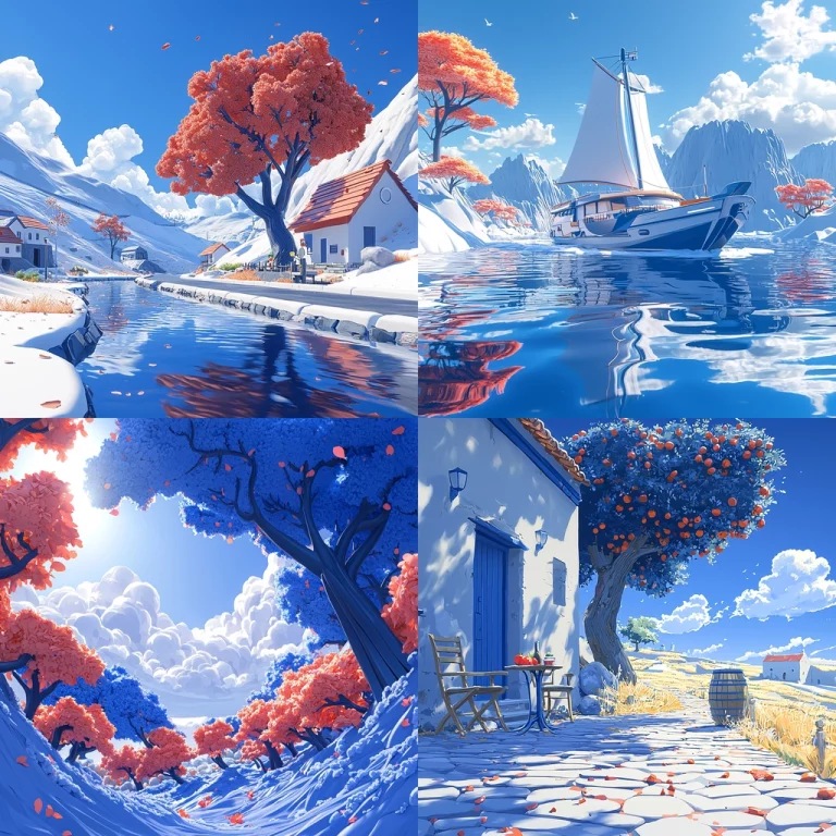 Bright Blue and Warm Vermilion - Midjourney style sref code