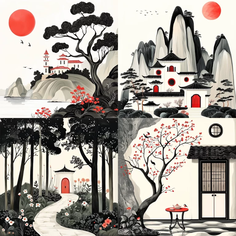 Red-Accented Ink Landscape - Midjourney style sref code