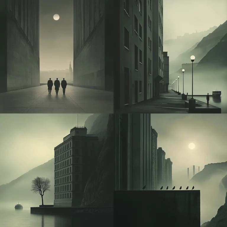 Monochrome Misty Urban Silhouettes - Midjourney style sref code