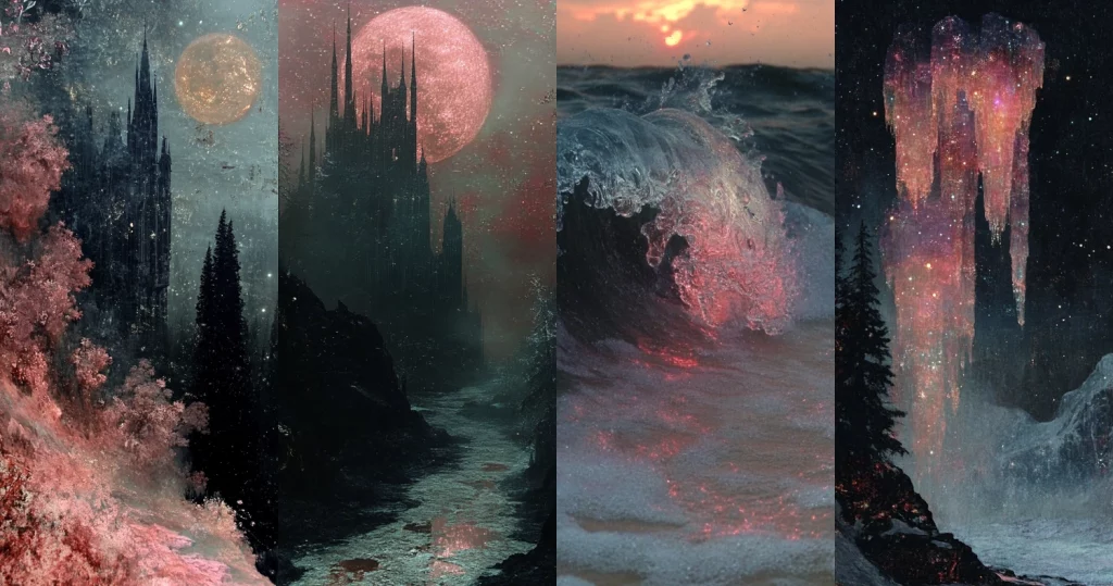 Iridescent Gothic with Prismatic Night Glow Double Exposure Night Scene Midjourney style sref code