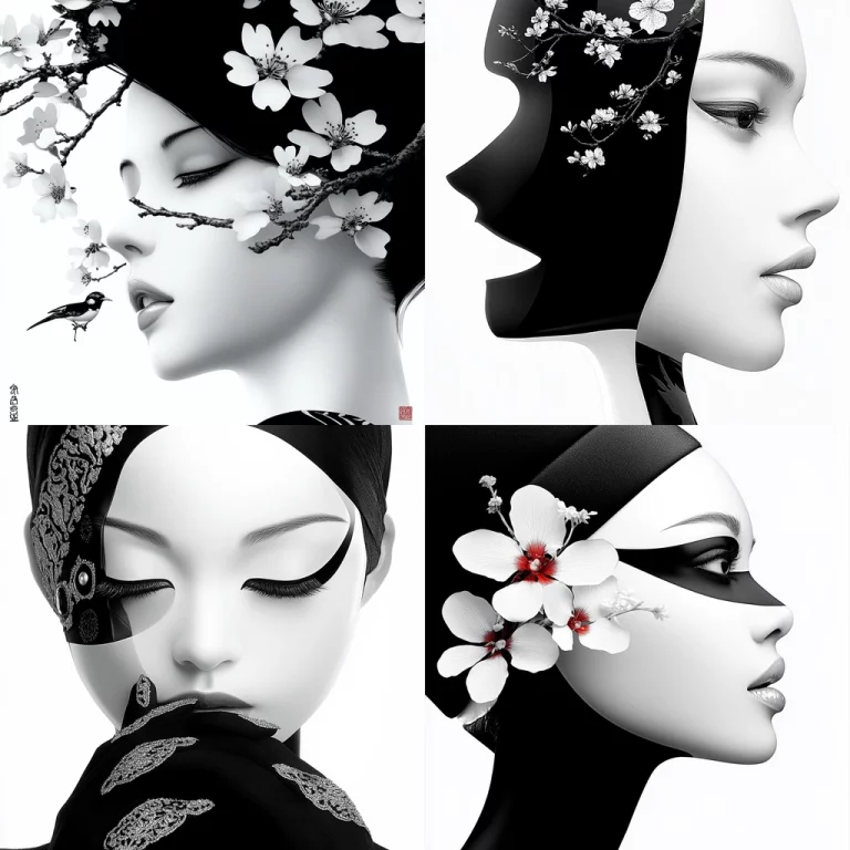 Monochrome Contrast Blossom Silhouettes - Midjourney style sref code