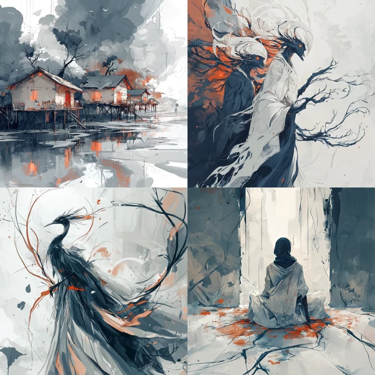 Monochrome Brush with Orange Accents - Midjourney style sref code