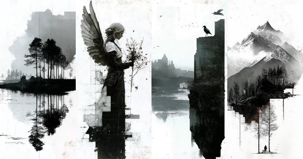 Contrast Monochrome Collage - Midjourney style sref code