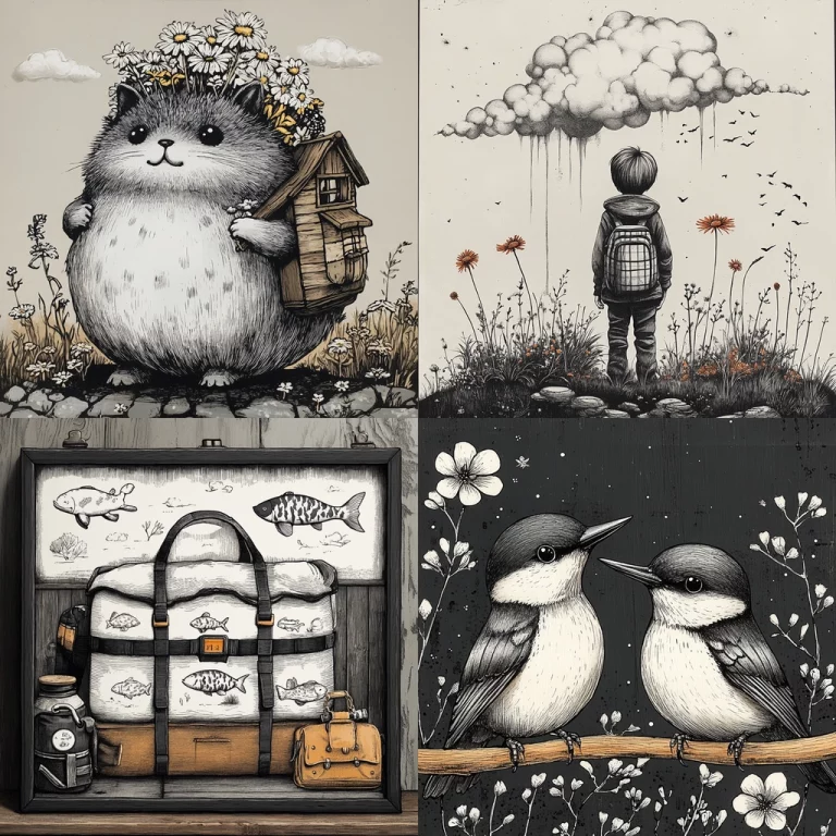 Playful Monochrome Illustration - Midjourney style sref code