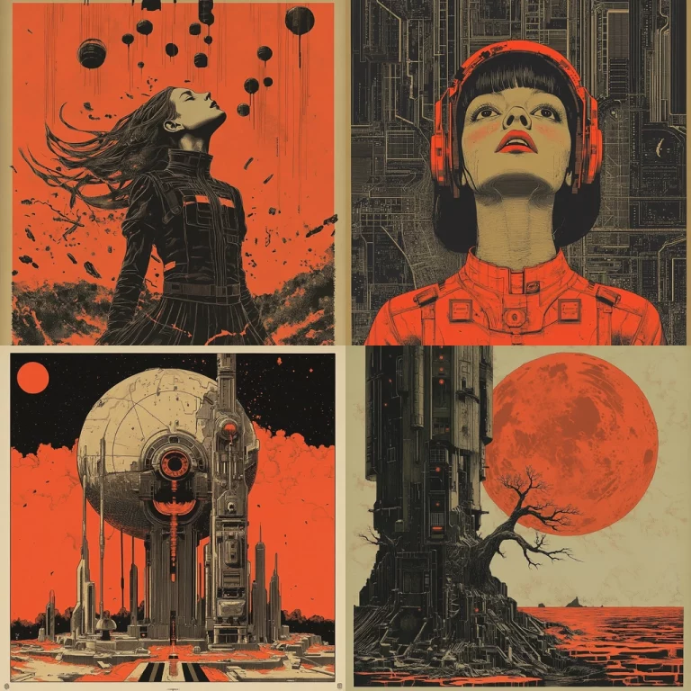 Monochrome Techno Illustrations - Midjourney style sref code