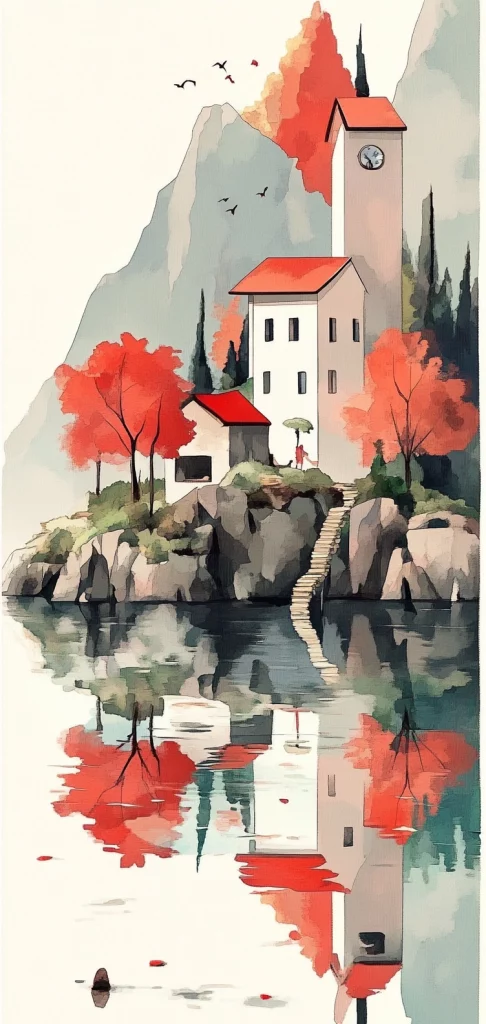 Autumnal Watercolor Reflection - Natural