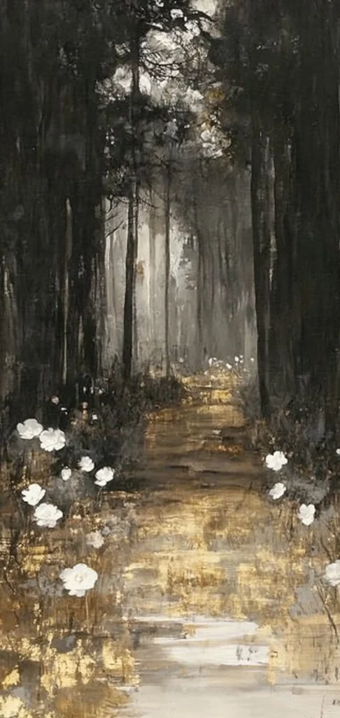 Golden Monochrome Forest - Ink Painting