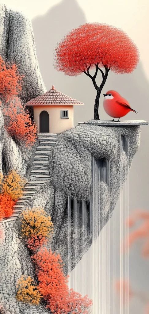 Crimson and Gray Landscapes - Ink Painting