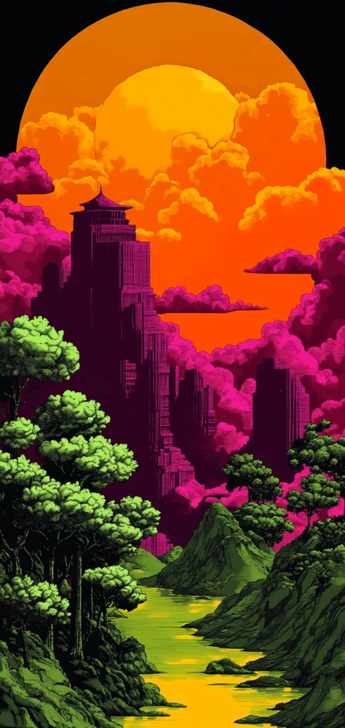 Vibrant Color Blocked Landscape - Vaporwave