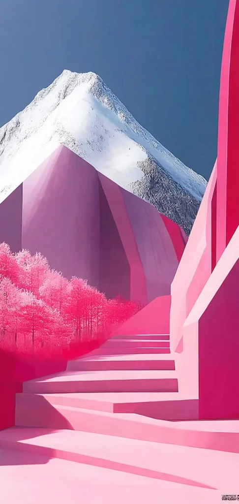 Vivid Pink Geometric Landscapes - Illustration