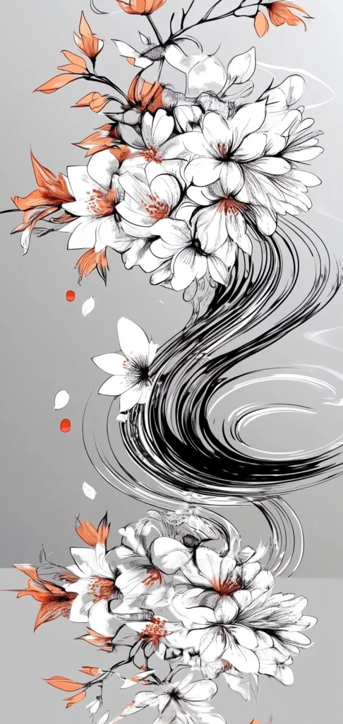 Monochrome Swirl with Orange Highlights - Eastern Traditional