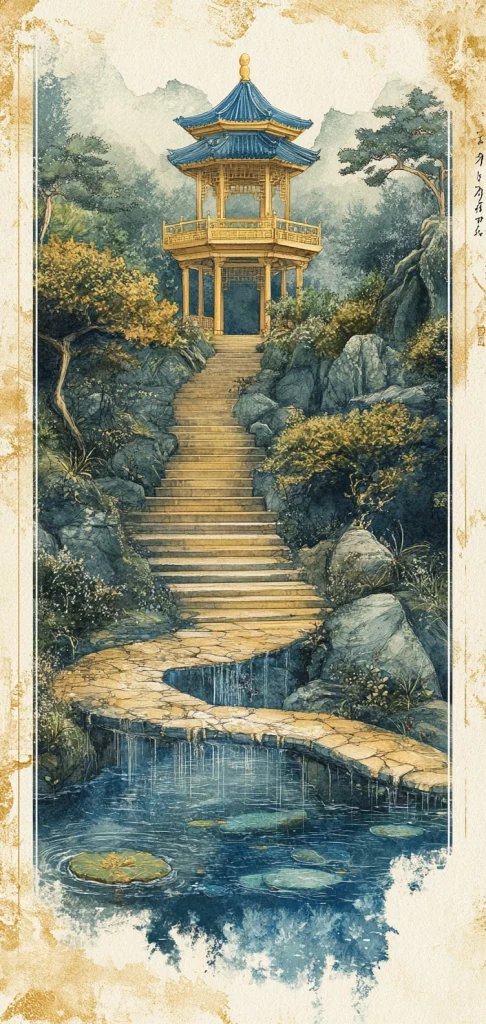 Vintage Golden-Blue Hues - Ink Painting