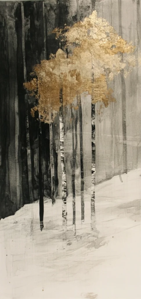 Golden Monochrome Forest - Ink Painting