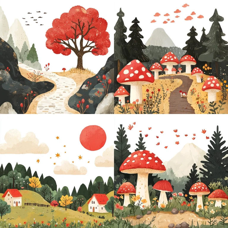 Whimsical Red and Beige Landscapes - Midjourney style sref code