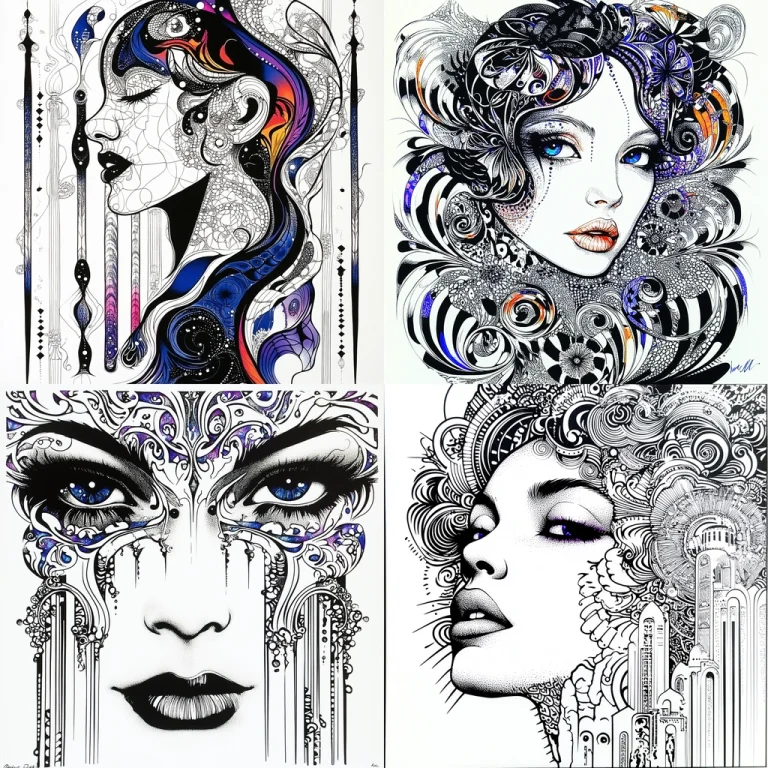 Black-and-White Swirl with Bright Hues - Midjourney style sref code