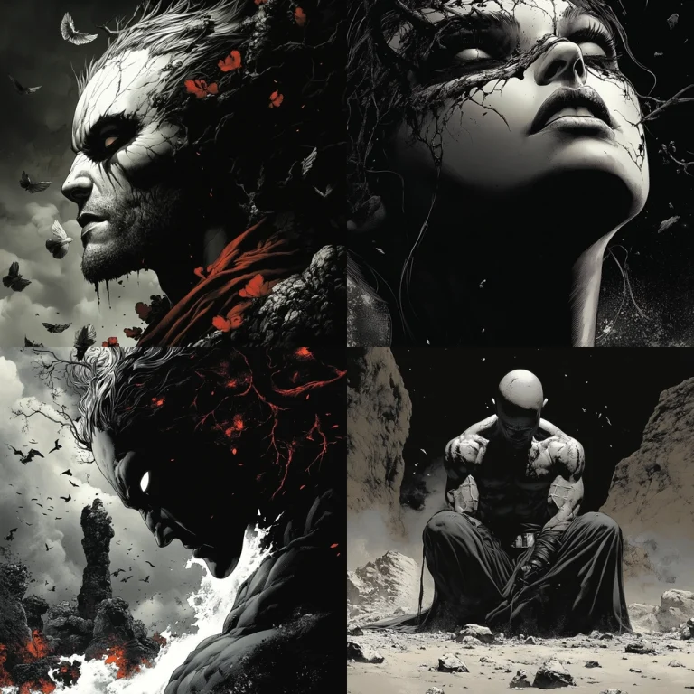 Monochrome High Contrast with Red Hues - Midjourney style sref code