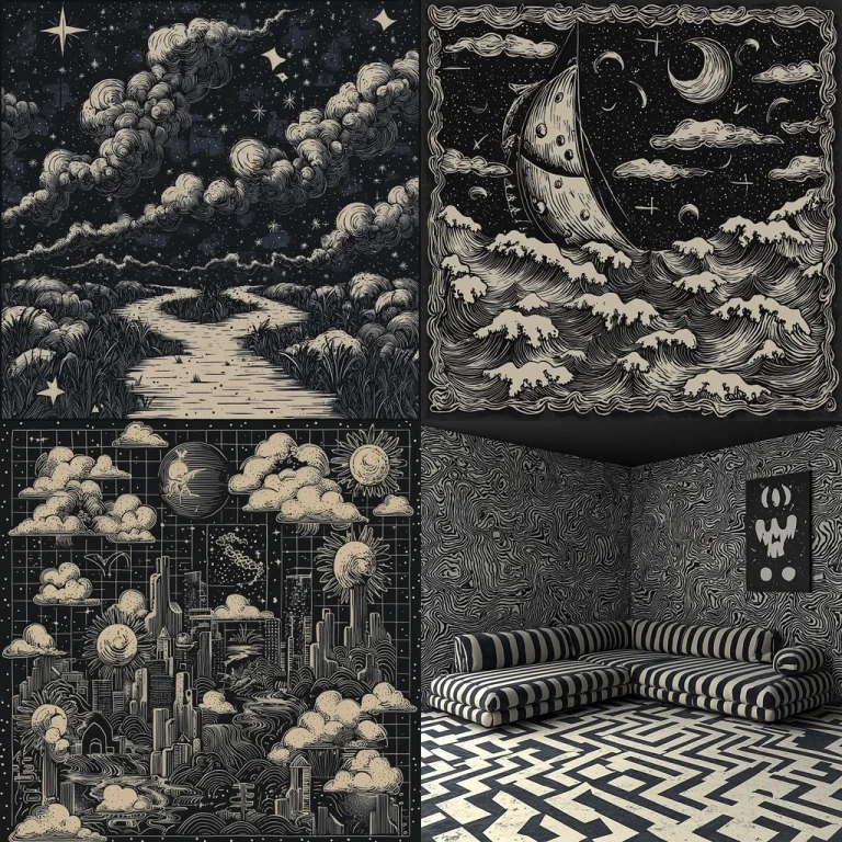 Monochrome Cosmic Illustrations - Midjourney style sref code