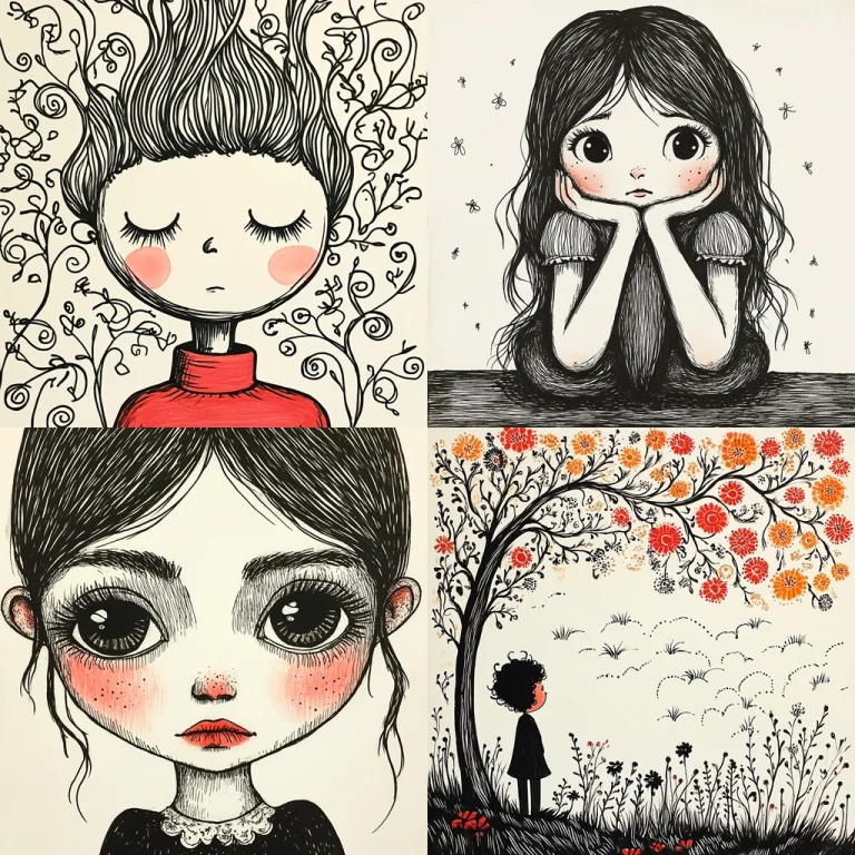 Black Ink Illustrations with Red Highlights - Midjourney style sref code